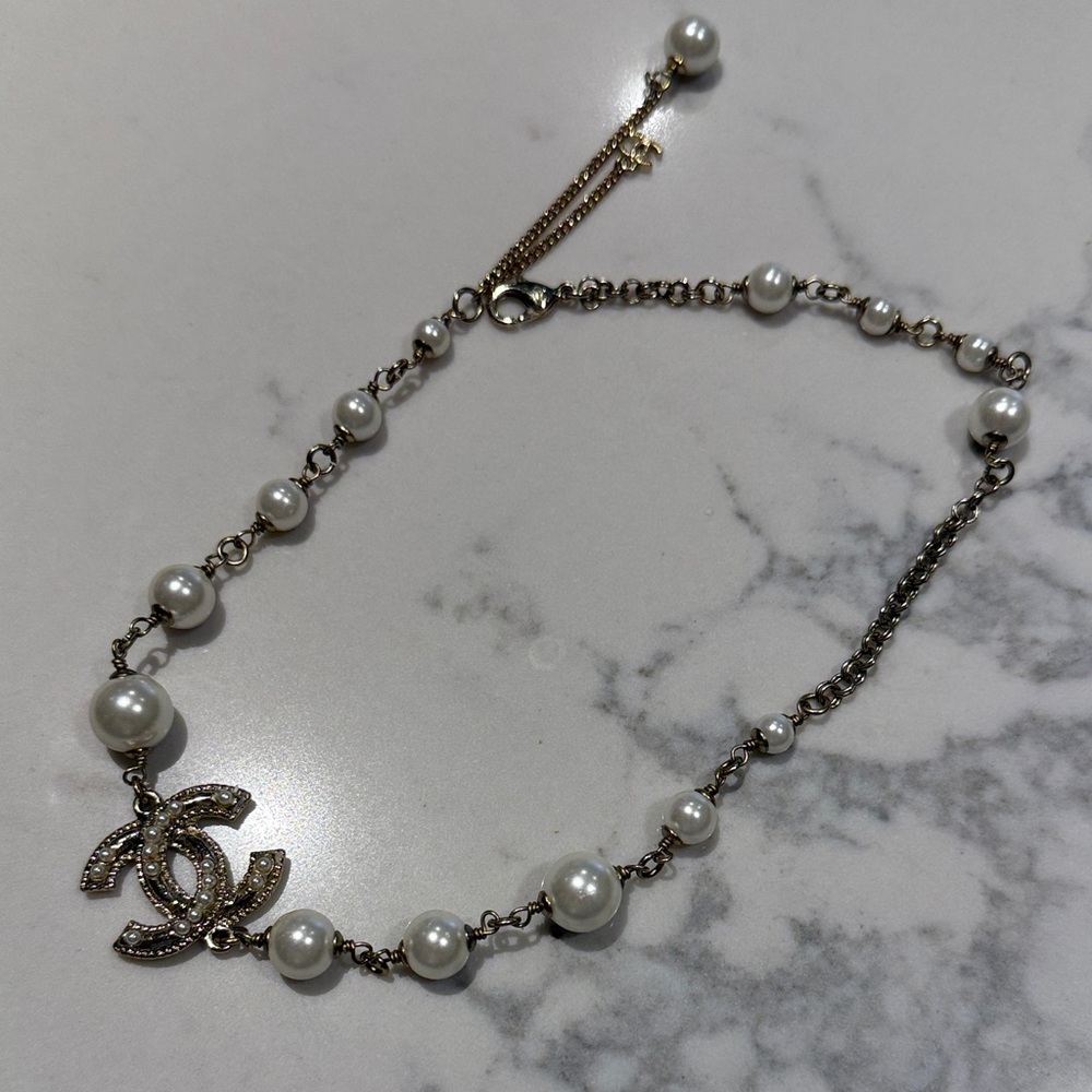 CHANEL Gold and White Pearl Necklace